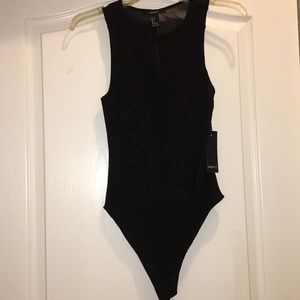 Forever 21 Black Mesh Bodysuit with Floral Detail